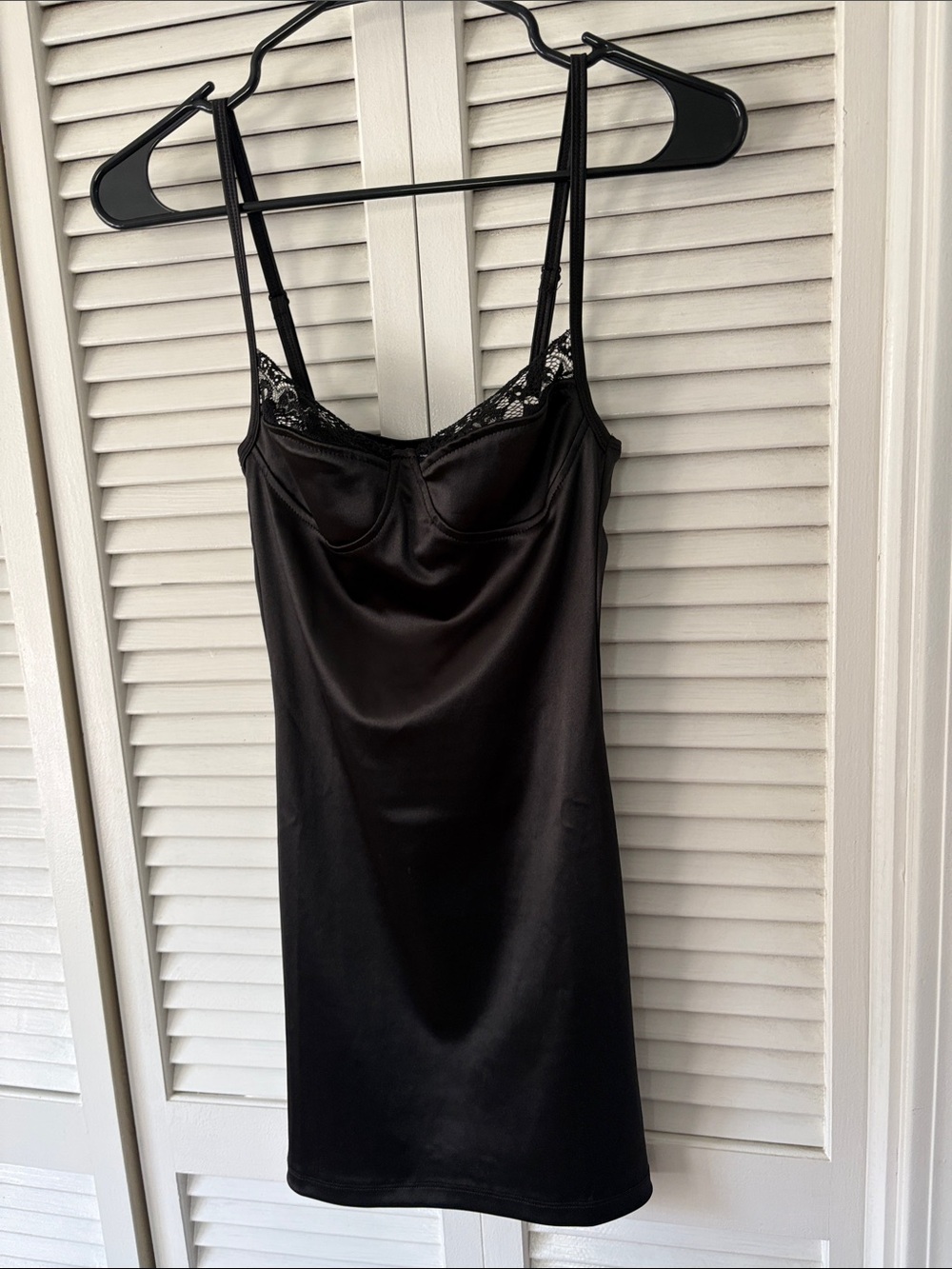 Motel Rocks Black Satin Slip Dress with Lace Accents
